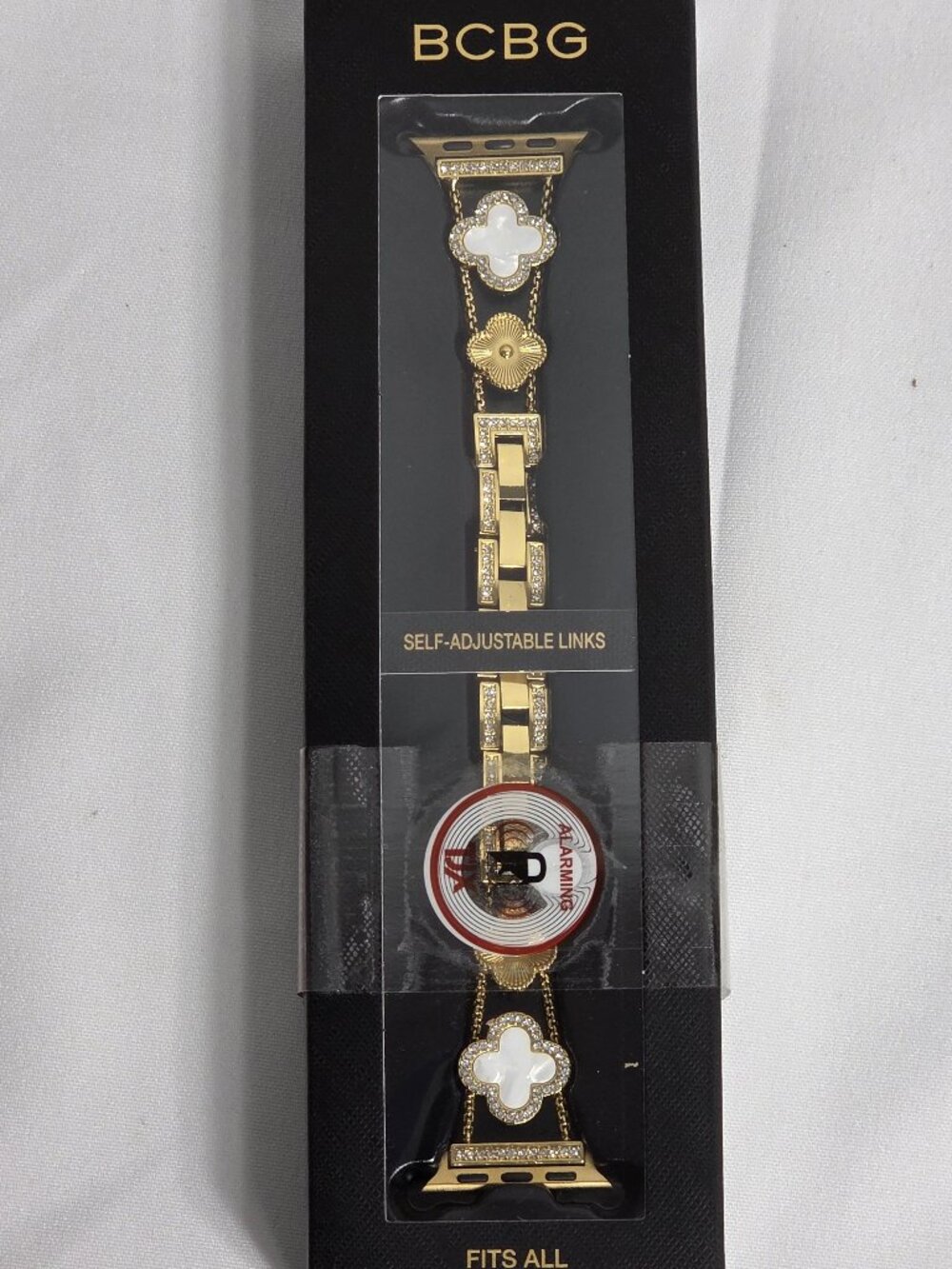 NIB BCBG Gold Clover Mother of Pearl Apple Watch Band Crystal Pavé Dressy Bracel